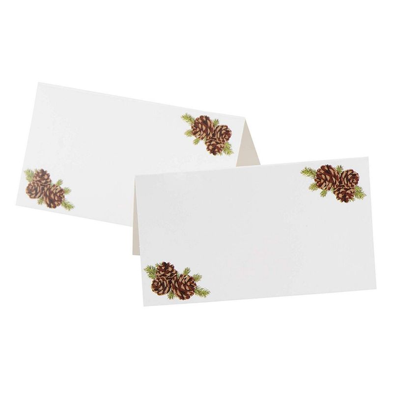 Christmas Place Cards for Table Setting, Fold Over Placecards with Pine Cones (2 x 3.5 In, 100 Pack)