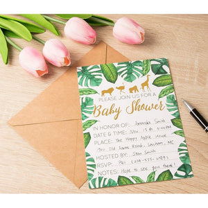 Baby Shower Invites - 36 Fill-in Baby Shower Invitations w/ Envelopes, Tropical Safari Animal Theme, Green Palm Leaves with Gold Foil Designs, Party Supplies for Baby Showers or Parties, 5 x 7 Inches