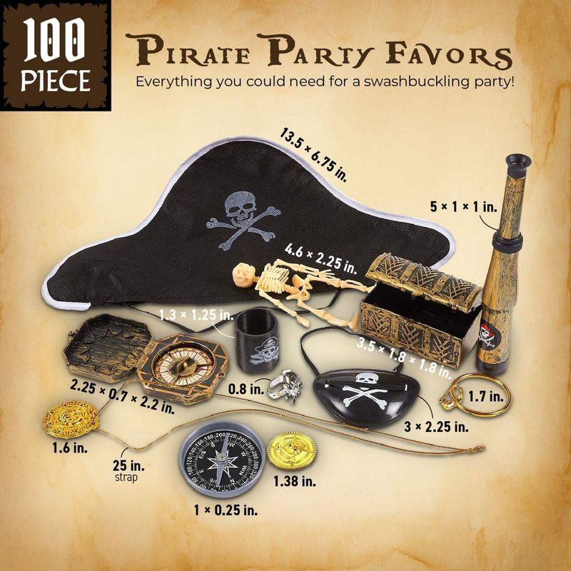 Juvale Pirate Party Favors - 100-Piece Toys & Accessories Set with Hats and Eye Patches for Kids Birthday Supplies Decorations