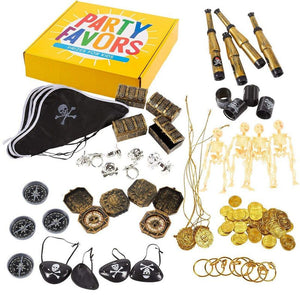 Juvale Pirate Party Favors - 100-Piece Toys & Accessories Set with Hats and Eye Patches for Kids Birthday Supplies Decorations