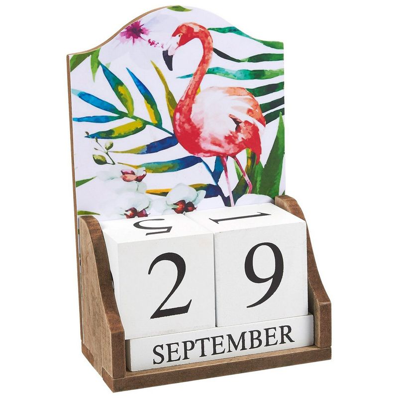 Juvale Wooden Perpetual Desk Calendar Wood Blocks, Flamingo Design (5.5 x 8.75 x 3 inches)