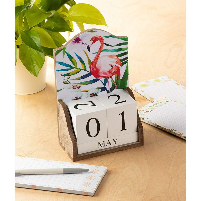 Juvale Wooden Perpetual Desk Calendar Wood Blocks, Flamingo Design (5.5 x 8.75 x 3 inches)