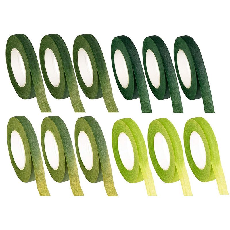 Floral Tape - 12-Pack Florist Tape, Green Floral Adhesives, Perfect for Bouquet Stem Wrapping, Floral Arrangement and Crafts, 0.47 Inches x 30 Yards, 4 Green Shades