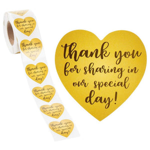 Thank You Stickers - 500-Count Wedding Favor Sticker Labels, Thank You for Sharing in Our Special Day Stickers, Heart-Shaped Sticker Roll for Baby Shower, Wedding, Birthday, Gold, 1.5 Inches Diameter