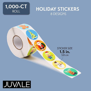 Holiday Stickers - 1000-Count Christmas Sticker Roll for Kids, Reward Stickers for Students, Envelope Seals, Scrapbook, Winter Holiday Party Supplies, Goodie Bags, 8 Designs, 1.5 Inches Diameter