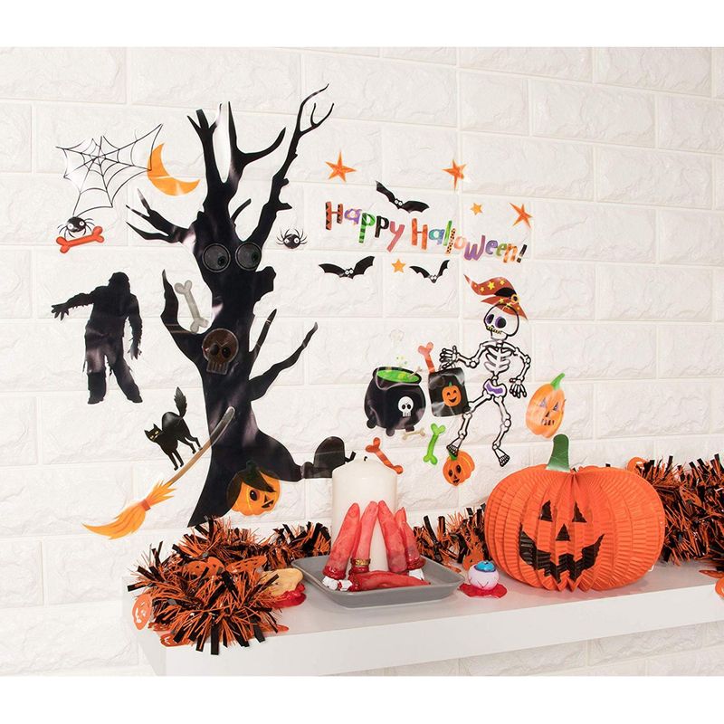 Halloween Wall Stickers - 2-Sheet Festive Halloween Theme Wall Decals, Peel & Stick Removable Halloween Decoration Stickers for Home, Windows, Doors, Glass, Includes Skeleton, Frankenstein, Pumpkin