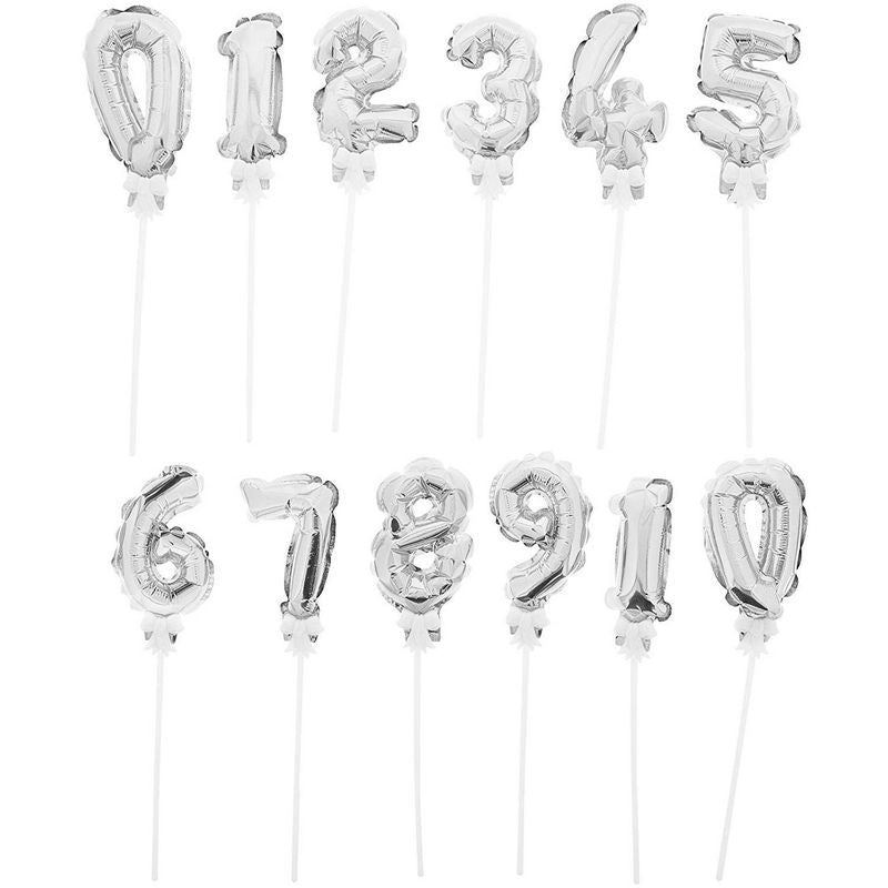 Juvale 12-Pack Mini Cake Topper Number Balloons, Birthday Party Decor, Metallic Silver, 5.5 Inches