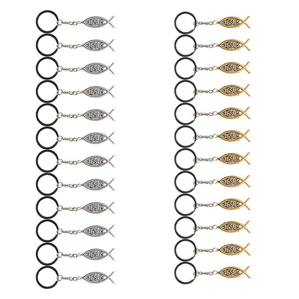 Juvale Jesus Fish Keychains - 24-Pack Metal Jesus Fish Key Chains, Jesus Key Rings, Religious Door Car Key Holders, Religious Favors for Christians, Silver and Gold