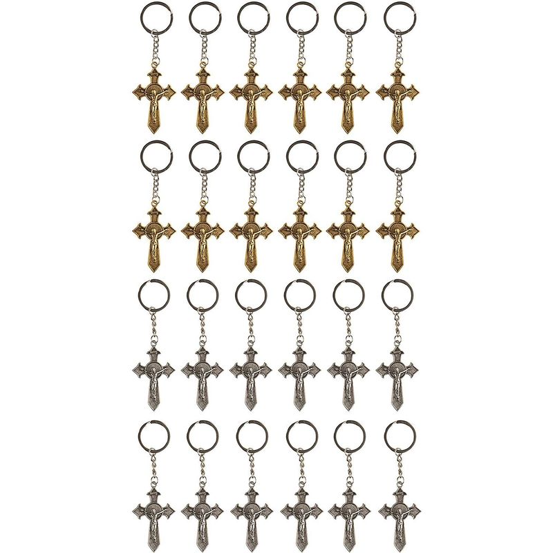 Juvale 24 Pack Christian Cross Keychains, Religious Key Holders for First Communion, Easter, Baptism, Funeral Favors for Guests, Silver, Gold, 3.6 in