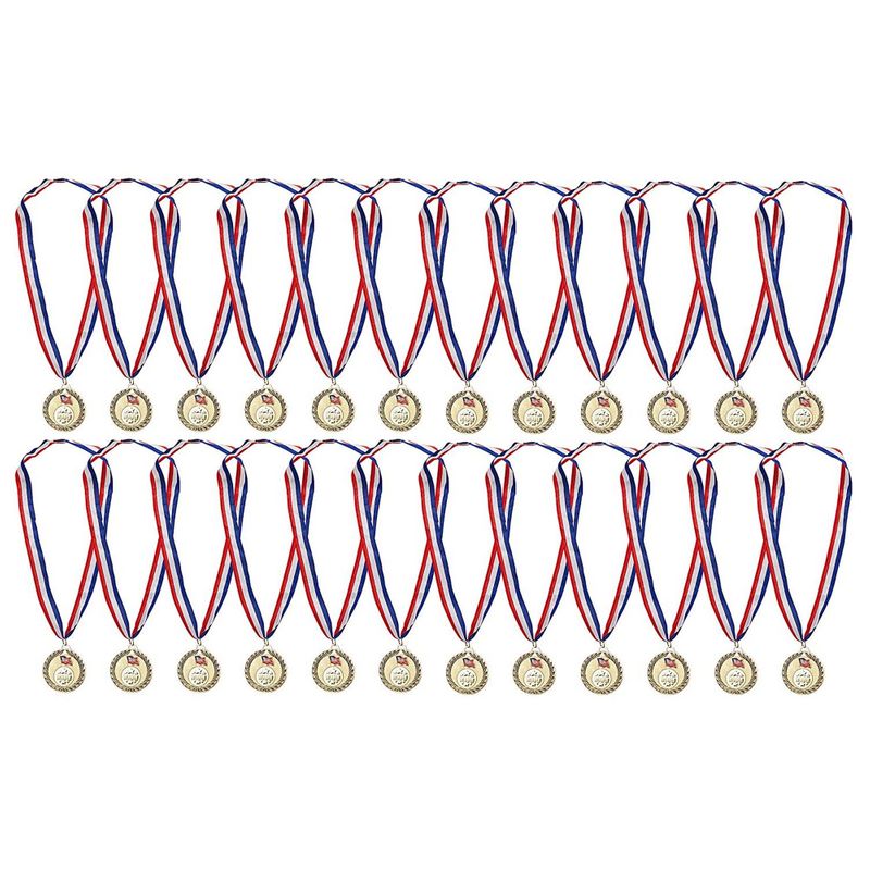 Juvale 12-Pack Bulk Metal Olympic Style Gold Winner Award Medals with Ribbons for Sports and Competitions, 2.7 Inches Diameter