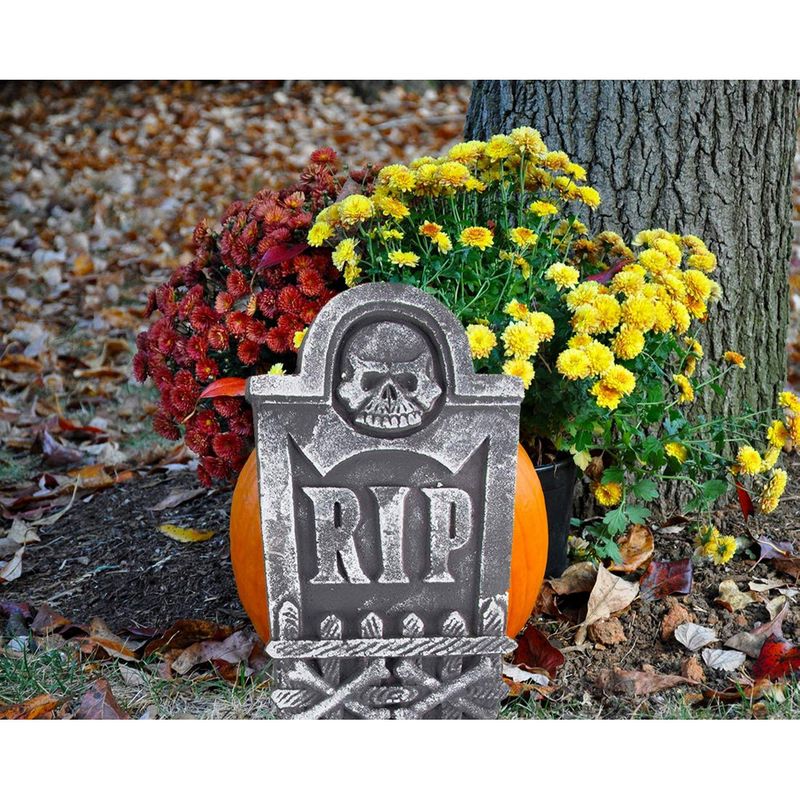 Halloween Tombstones - 4-Set Fake Cemetery Yard Decoration, Graveyard RIP Skull Headstone Foam Sign, Theme Party Supplies, Indoor Outdoor Lawn Prop, Plastic Stakes Included, Black, 8 x 16 x 0.8 Inches