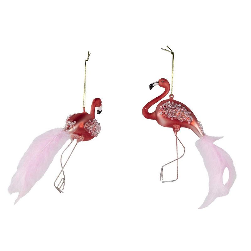 Pink Flamingo Christmas Tree Ornament, Glass Hanging Ornaments (5.4 x 3.5 in, 2 Pack)