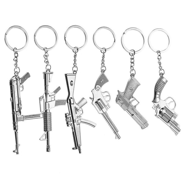 Gun Keychain - 6-Pack Metal Weapon Key Rings Pendant for Men, Birthday Gifts, 6 Designs, Silver