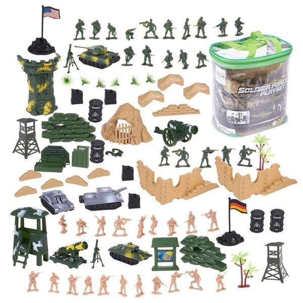 100 Piece Military Figures and Accessories - Toy Army Soldiers in 2 Colors, War Soldiers Playset with 2 Flags and Battlefield Accessories