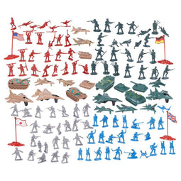 124 Military Figures and Accessories - Toy Army Soldiers in 4 Colors, World War II Playset with 4 Flags, Planes, and Tanks