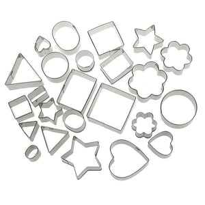 Cookie Cutter Set - 24 Piece Metal Fondant Mini Biscuit Cutter Shapes with Hearts, Stars, Flowers and Geometric Shapes for Baking, Dessert and Cake Decoration - Silver