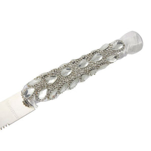Silver Cake Server Set - Stainless Steel Wedding Knife with Diamonds, Crystals, Ribbon Wrapped Around Handle