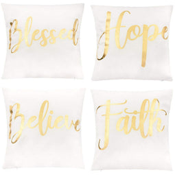 Juvale White Throw Pillow Covers, Blessed, Hope, Believe, and Faith (18 x 18 in, 4 Pack)