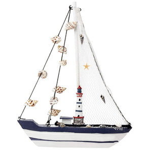 Juvale Sailboat Model Decoration - Wooden Ship Sailing Boat Home Decor, Beach Nautical Theme Lighthouse and Seashells, Blue White, 10.25 x 12.75 x 1.75 inches