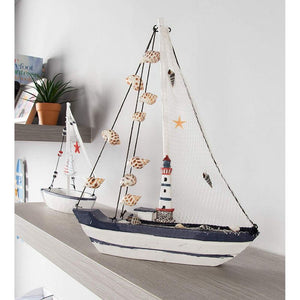 Juvale Sailboat Model Decoration - Wooden Ship Sailing Boat Home Decor, Beach Nautical Theme Lighthouse and Seashells, Blue White, 10.25 x 12.75 x 1.75 inches