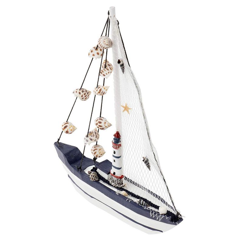 Juvale Sailboat Model Decoration - Wooden Ship Sailing Boat Home Decor, Beach Nautical Theme Lighthouse and Seashells, Blue White, 10.25 x 12.75 x 1.75 inches