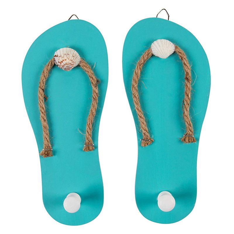 Juvale Wooden Flip Flop Shaped Ornament Hooks - 1-Pair Wall Hook with Beach Nautical Designed Decoration for Bathroom, Bedroom, and Kitchen, Turquoise Blue, 8.6 x 3.75 x 0.3 Inches Each