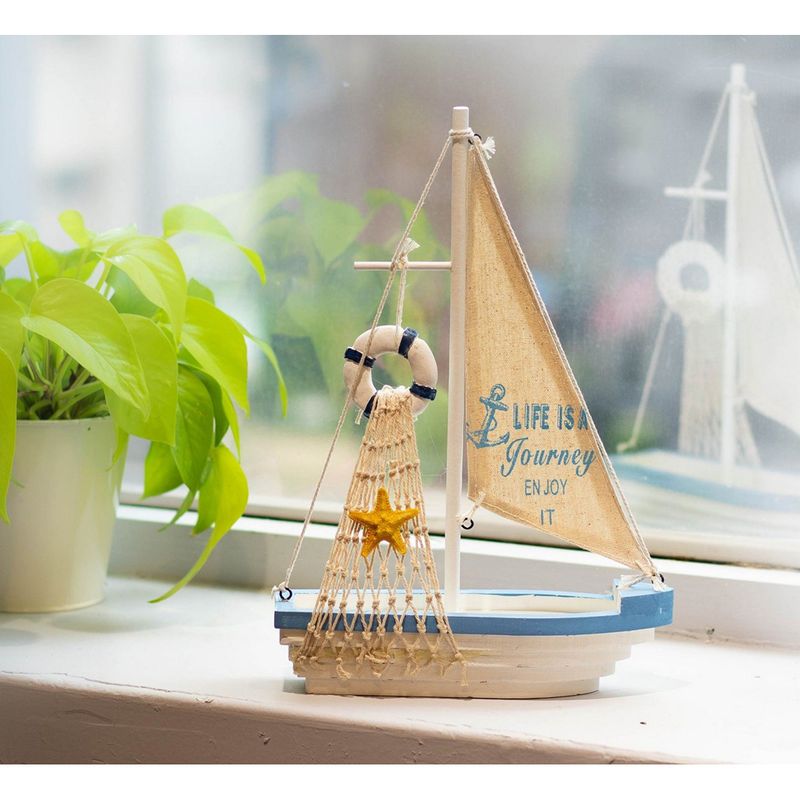 Juvale Enjoy It Wooden Sailboat Model with Flag, Net, Starfish, and  Floating Tube for Nautical Home and Bathroom Boat Decor, Shelf, 13x8x3 In