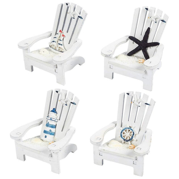Juvale 4-Piece Mini Wooden Chair Ornament Beach Decor Nautical Decoration for Dollhouse Home Office Desk Bathroom Bedroom Decor, 4 x 3.75 x 3.75 inches