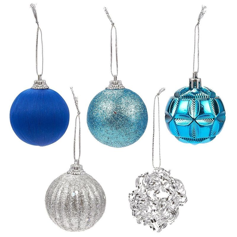 Juvale 35-Pack Christmas Tree Decorations - Glittery Hanging Xmas Ornaments in 5 Assorted Designs - Perfect Festive DecorEmbellishments for Hanging, Blue, Silver
