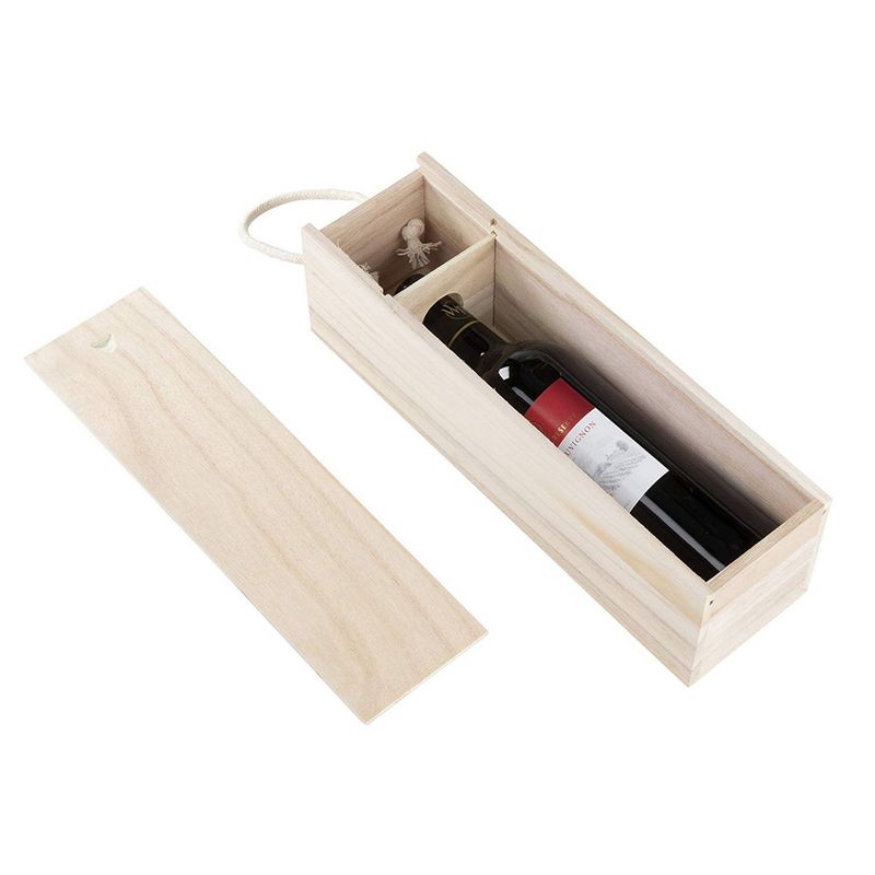 Wooden Wine Box - 2-Pack Single Wine Bottle Wood Storage Gift Box with Handle for Birthday Party, Housewarming, Wedding, Anniversary, 13.875 x 3.875 x 4 Inches