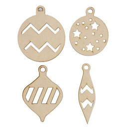 Unfinished Wooden Christmas Ornaments - 24-Pack Paintable Blank Xmas Tree Hanging Wood Slices for Kids DIY Art Crafts, Festive Decoration, 4 Assorted Ornament Designs, 4.5 x 1.25 to 4.2 x 3.6 Inches