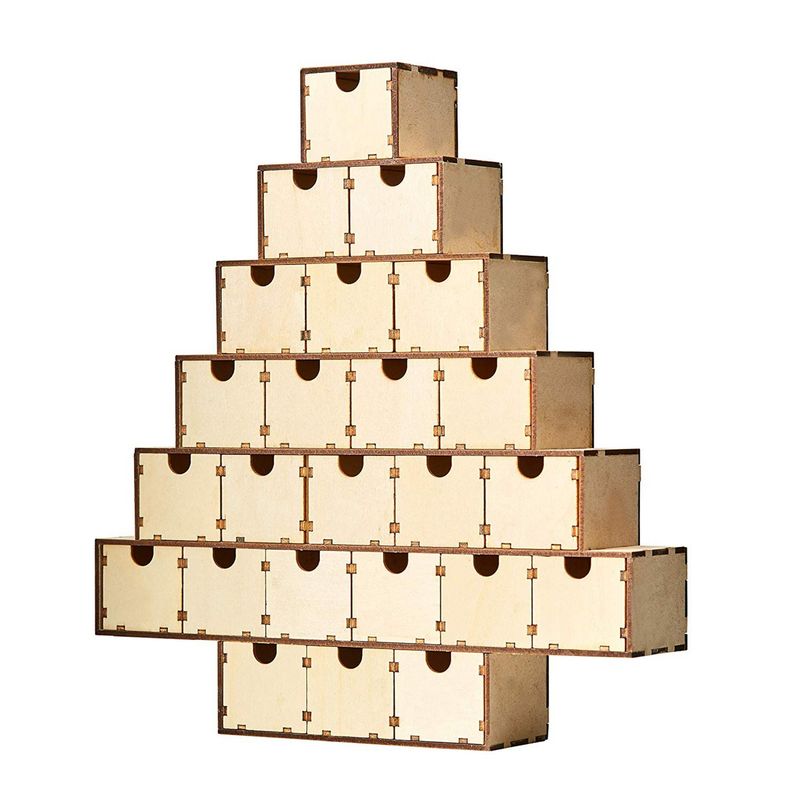 Juvale Wood Advent Calendar - Unfinished Christmas Tree Advent Calendar, Countdown Calendar, for DIY, Art Projects, Holiday Decoration, Gift, 24 Drawer Boxes, 13 x 14.2 x 5.5 Inches