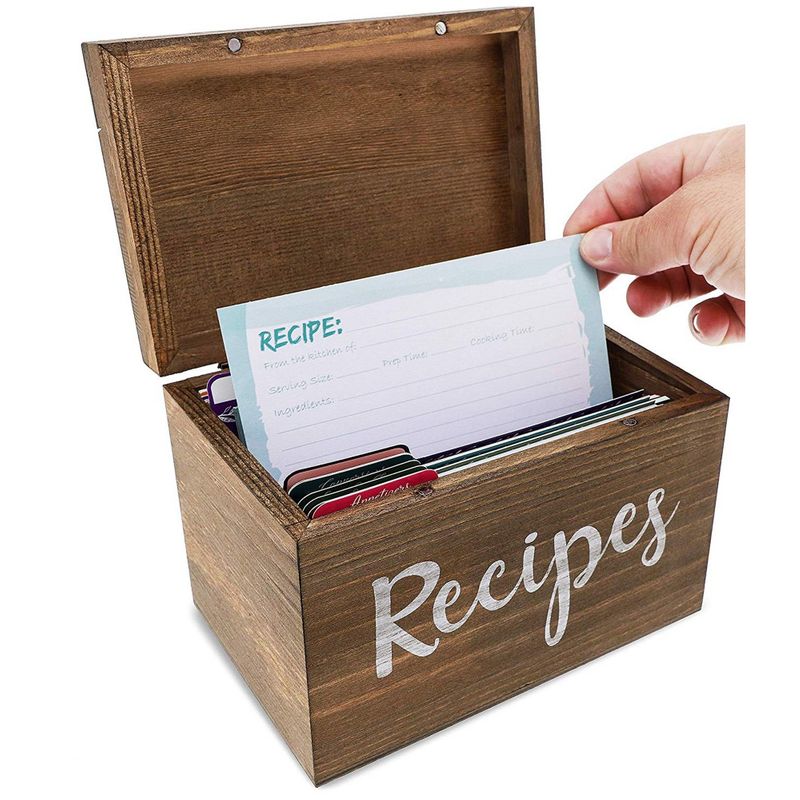 Juvale Wood Recipe Organization Box with Cards and Dividers, 7.1 x 5 x 4.7 Inches