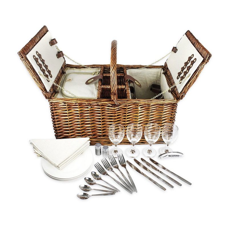 Delux Double Lid Classic Wicker Picnic Basket - Large 4-Person Picnic Supply Set with Insulated Cooler Bag, Includes Silverware, Glasses and Accessories