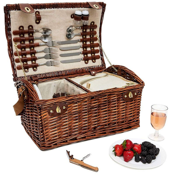 Juvale Large Wicker Picnic Basket with Utensils Serves 4 (18 x 12 x 10 Inches, Brown)