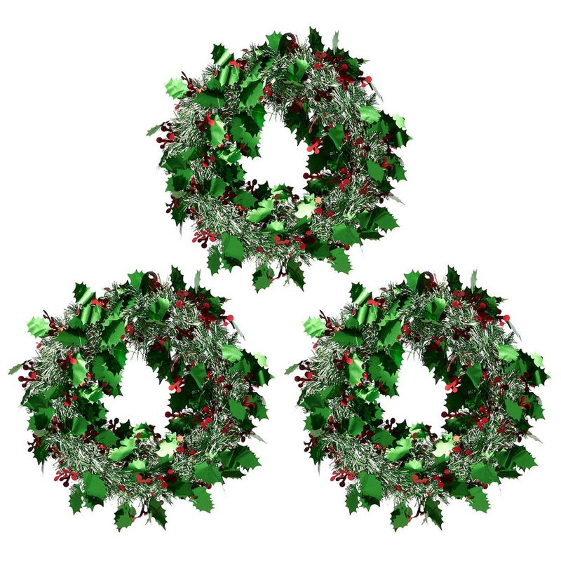 Green Tinsel Front Door Wreath, Holiday Wreaths Set (11.8 x 11.8 Inches, 3 Pack)