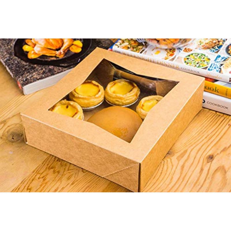 Kraft Paperboard Popup Window Box - Pack of 10 Brown Pop-Up Window Box, Pastry & Cake Bakery Boxes with Plastic Window, 8 x 8 x 2.5 Inches