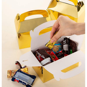 Party Treat Boxes - 24-Pack Metallic Gold Foil Gable Gift Boxes for Party Favors, Small Goodie Candy Boxes for Wedding, Birthday, Gold, 6.2 x 3.6 x 3.4 Inches