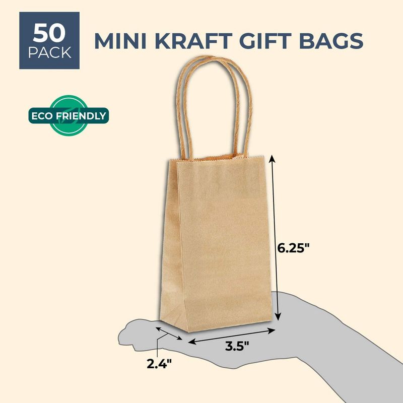 50 Pack Small Kraft Paper Gift Bags with Handles for Party Favors, 6.25 x 3.5 Inches, Brown