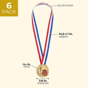 Juvale 6-Pack Bulk Olympic Style 1st Place Gold Award Winner Medals with Ribbons for Kids, Adults, and Sports, 1.5 Inches Diameter, 15.3 Inches Ribbon Length