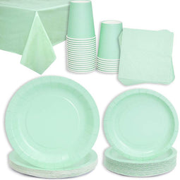 Mint Green Party Bundle, Includes Table Cloth, Cups, Napkins, Dinner and Appetizer Plates (Serves 24, 96 Pieces)