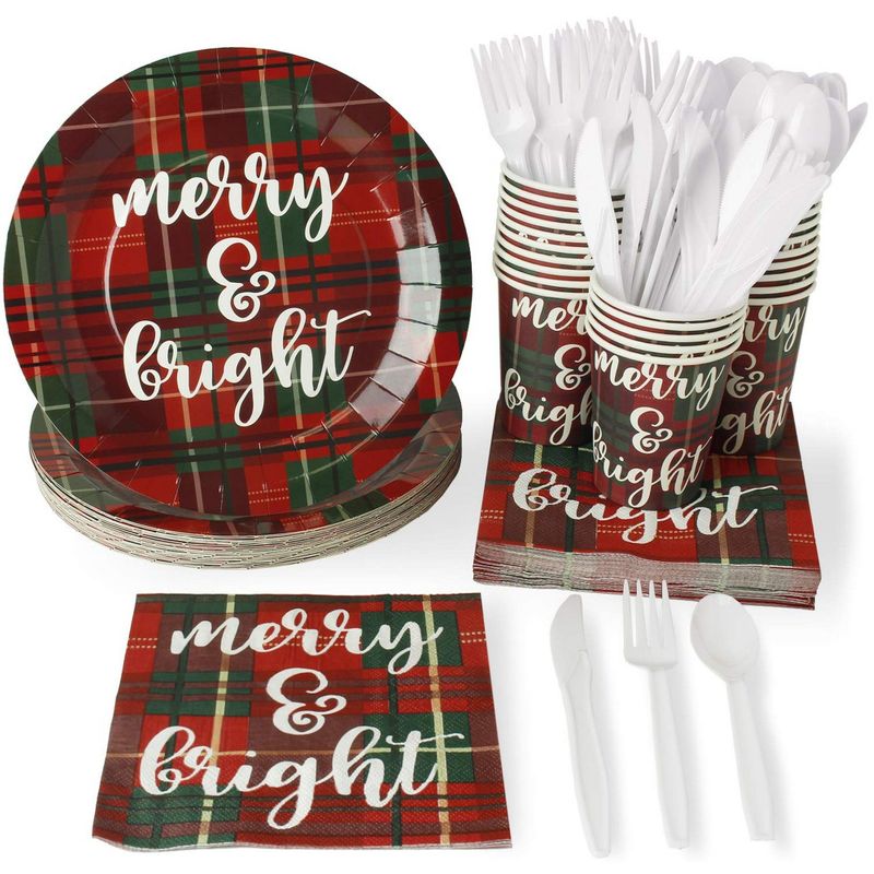 Plaid Christmas Party Bundle, Includes Plates, Napkins, Cups, and Cutlery (24 Guests,144 Pieces)