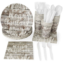 Merry Christmas Wood Plank Dinnerware Set, Paper Plates, Plastic Cutlery, Cups, and Napkins (Serves 24, 144 Pieces)