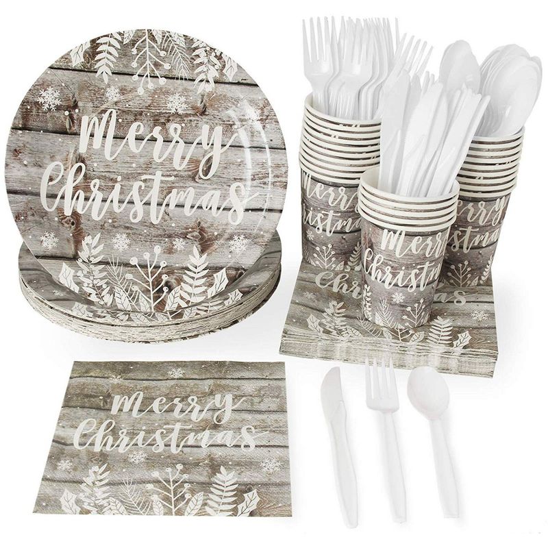 Merry Christmas Wood Plank Dinnerware Set, Paper Plates, Plastic Cutlery, Cups, and Napkins (Serves 24, 144 Pieces)