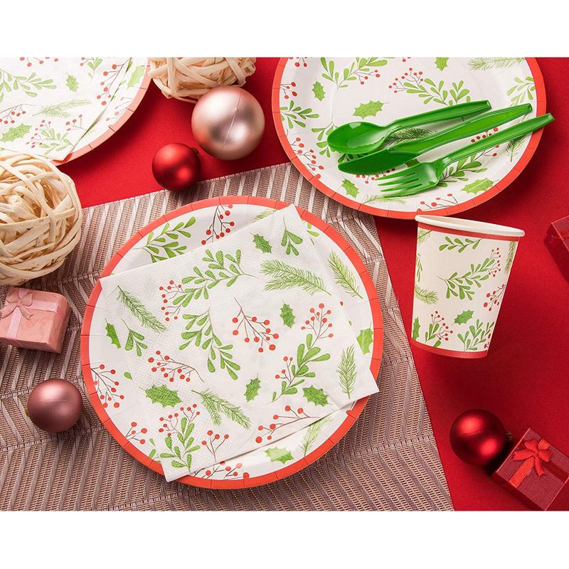 Christmas Holly Party Bundle, Plates, Napkins, Cups, Cutlery (24 Pack,144 Pieces)
