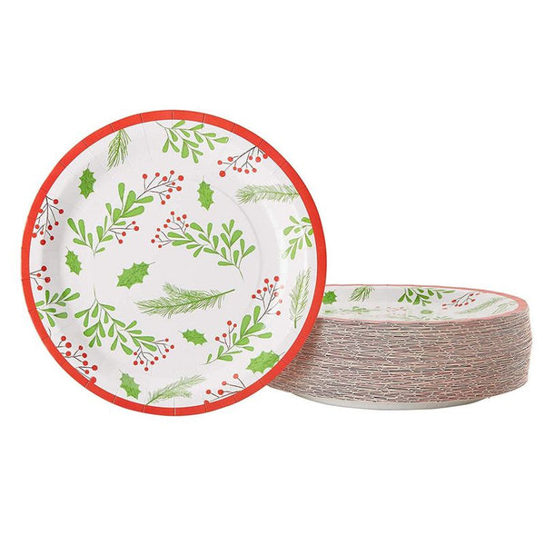 Holly Berry and Leaves Christmas Paper Plates for Holiday Party (9 In, 80 Pack)