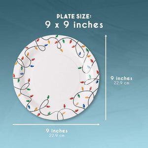 Disposable Plates - 80-Count Paper Plates, Christmas Holiday Party Supplies for Appetizer, Lunch, Dinner, Dessert, Christmas Lights Design, White, 9 Inches Diameter