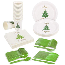 Merry Christmas Party Supplies – Serves 24 – Includes Plates, Knives, Spoons, Forks, Cups and Napkins. Perfect Xmas Tree Design Party Pack for Christmas Themed Parties.
