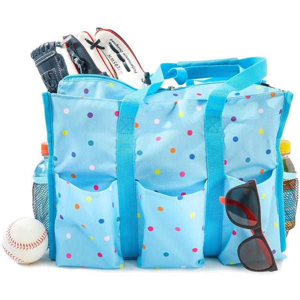 Rectangle Zip-Top Organizing Utility Tote Bag with Pockets for Teachers, Nurses, Moms - Blue with Rainbow Dots, 14.5 x 10.5 inches