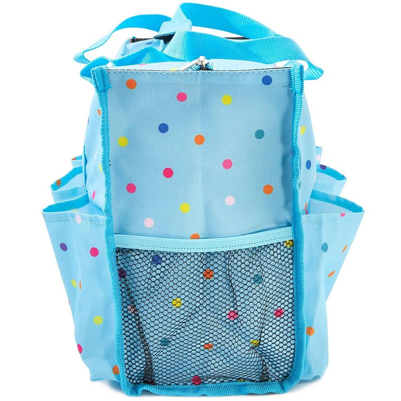 Rectangle Zip-Top Organizing Utility Tote Bag with Pockets for Teachers, Nurses, Moms - Blue with Rainbow Dots, 14.5 x 10.5 inches